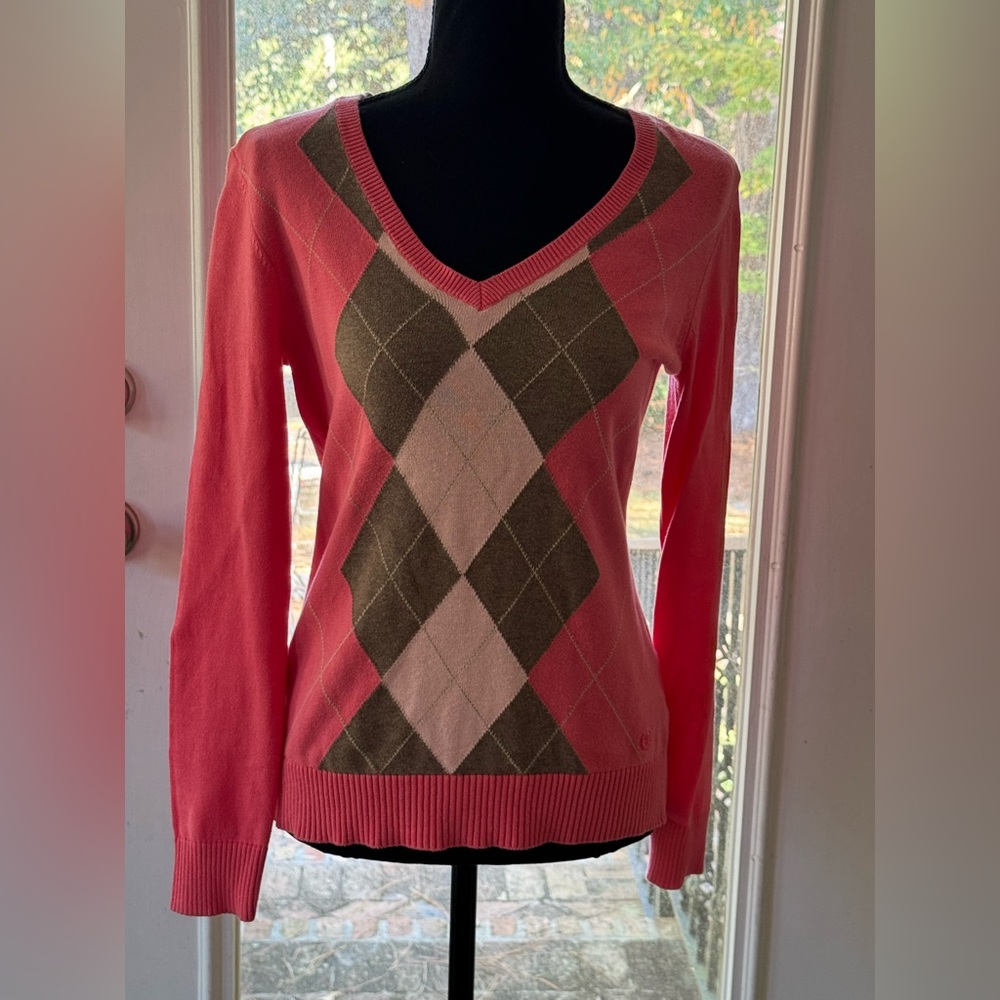 Izod pink and gray cotton argyle v-neck sweater size S